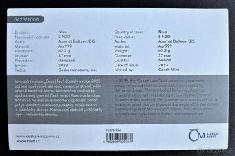 Stříbrná investiční 2oz mince Český Lev v číslovaném blistru - 2