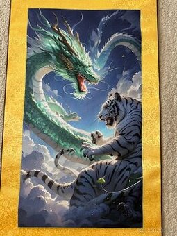 Tradiční čínský svitkový obraz, tygr a drak, 45x100 - 2