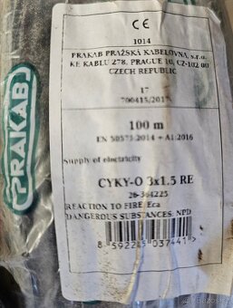 el.kabel cyky O 3x 1,5 mm, cca 50 m, 14 kč/m - 2