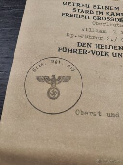 Wehrmacht - oznámení o smrti vojáka v boji - nadporučík - 2