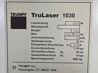 Laserový stroj TRUMPF TruLaser 1030, použitý, z roku 2011. - 2