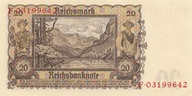 20 Reichsmark 1939, Bankovka platná na našem území. Stav UNC - 2