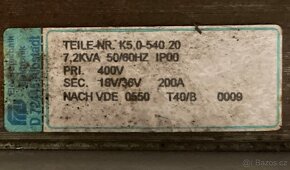 Transformátor TEILE K5,0-540.20, 7,2kva 200A 18V/36V - 2