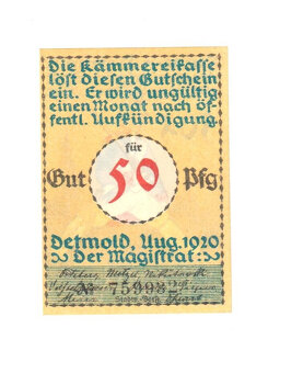 50 Pfennig Nouzová bank. Německo, Detmold 1920 - 2