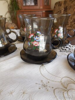 Staré skleněné sklenice na čaj, kafe s podšálky. set 6 ks - 2