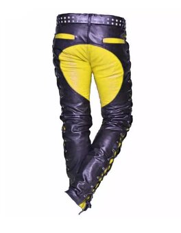 Moto Kožene Šnurovacie Nohavice Biele-Žlte - 2