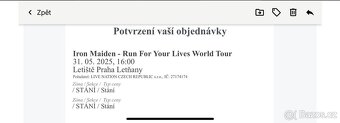 Prodám 2x lístek na IRON MAIDEN - stání - 2