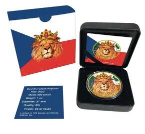 český lev - vlajka - zlacený 1 Oz stříbrná mince 2022 - 2