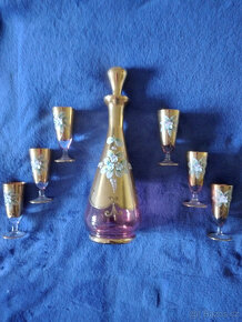 Borské sklo smaltovavé vázy,likér.sada v růžové barvě - 2