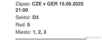 Prodám tři lístky na euro 21 Česko - Německo 15.6.2025 - 2