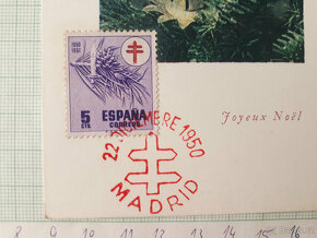 Joeux Noel - vánoční přání, známka a razítko Madrid 1950 - 2