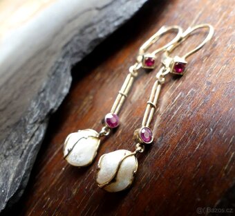 Starožitné secesní zlaté náušnice, perly, rubínky - 2