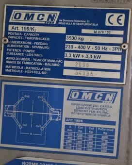 Dvousloupový bezpřejezdový zvedák OMCN 199/K2 3500kg - 2