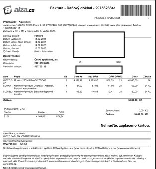 Herní monitor 27" MSI MAG 27CQ6F 20M záruka, perfektní stav - 2