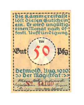 50 Pfennig Nouzová bankovka Německo, Detmold 1920 - 2