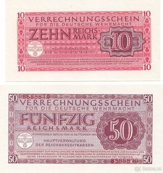 Originální sada bankovekWehrmachtu 1,5,10,50 Reichsmark 1944 - 2