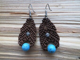 Originální náušnice micro macramé, tyrkys. - 2
