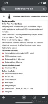 Novy jen rozbaleny Oster Fast Feed Cordless - profesionální - 2