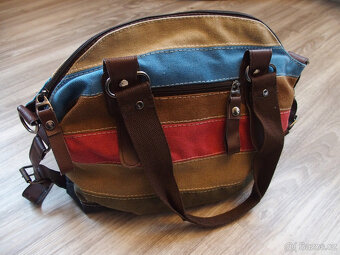 Pruhovaná látková kabelka hnědo-khaki-růžovo-modrá - 2