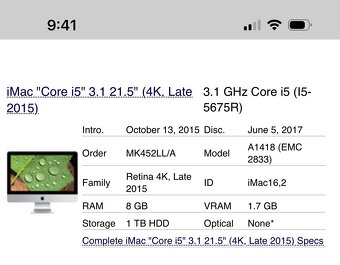 Prodám iMac (Retina 4K, 21.5-inch, Late 2015) - 2