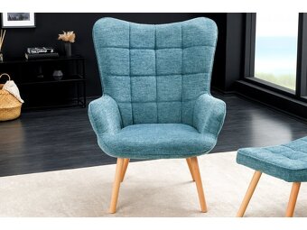 Designové retro křeslo + podnožka  – světle modrá - 2