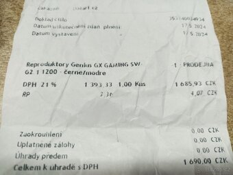 Reproduktory Genius GX Gaming SW G2 1 1200, doklad, záruka - 2