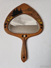Starožitné secesní dřevěné ruční zrcátko zrcadlo fazetované - 2