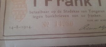BELGICKÁ NOUZOVÁ BANKOVKA - 1 FRANK TONGEREN VYDÁNÍ 14. 8. 1 - 2