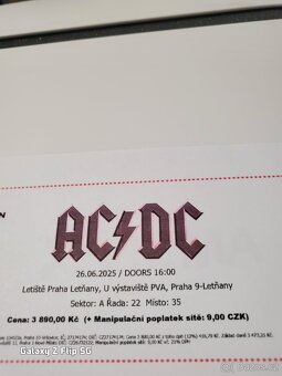 2 lístky na sezení AC/DC 26.6. Letiště Praha 9-Letňany. - 2