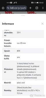 Aku úhlová bruska Parkside PWSAP 20-Li G7 - Nová - 2