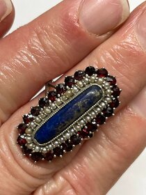 Starožitný Prsten s Granáty, Perličky, Lapis Lazuli - Stříbr - 2