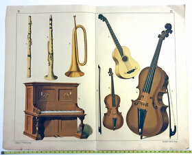 Grafický list 19. st. hudební nástroje historické litografie - 2