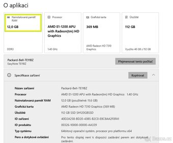 Acer / Packard Bell TE11 . AMD E1 .12GB .SSD .4 hod - 2