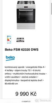 Prodám kombinovaný sporák Beko FSM 62320 DWS bílý - 2