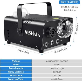MOSFiATA 600W Smoke Machine RGB LED světla, - 2