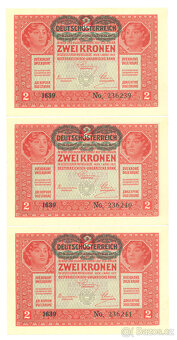 Rakouské bankovky 2 koruny 1917 v 3ks, UNC po sobě jdoucí čí - 2