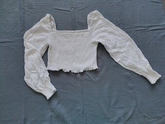Bílý crop top s dlouhými nabíranými rukávy, L - 2
