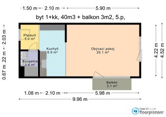 Pronájem Byt 1+kk, 40 m2 + balkon 4 m2, Brno - Zábrdovice, - 2