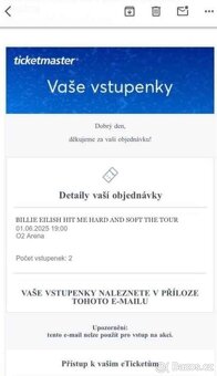 2 Vstupenky na koncert Billie Eilish 1.6. 2025 v Praze. - 2