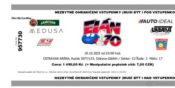 2 lístky na koncert Elán 18.10.2025 v Ostravar Aréně - 2