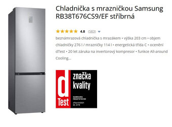 Chladnička s mrazničkou Samsung RB38T676CS9 203cm pův.c.19k - 2