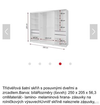 Šatní skříň 250 cm s posuvnými dveřmi, zrcadlem, 4 šuplíky a - 2