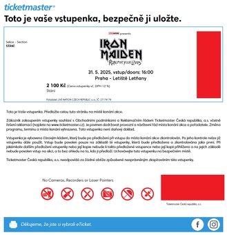 IRON MAIDEN 31. 05. 2025; 2x vstupenka na stání - 2