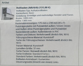 Okenní žaluzie Aufsatzrolladen Basic Kunststoff Breite 1400 - 2