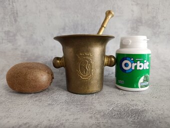 Starý malý mosazný hmoždíř se lvem a tloukem - 2