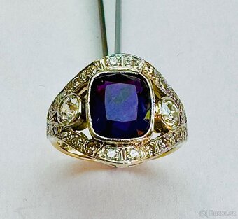 MIMOŘÁDNÝ 14K ZLATÝ ART DECO PRSTEN S AMETYSTEM A DIAMANTY - 2