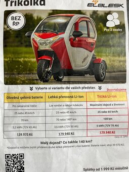 Elektrická Tříkolka ELBLESK Li-lon , Bez Řidičáku rok 4/2025 - 2