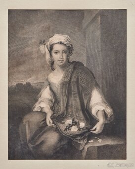 Grafika „Květinářka” z 19. století v krásném rámu - 2