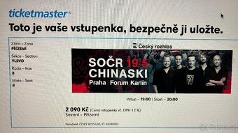 2 vstupenky SOČR & Chinaski - 2