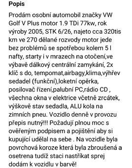 Prodám VW Golf V Plus 1.9TDI 77kw - 2